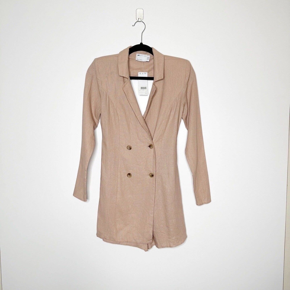 NWT Asos Design Linen Blend Double-Breasted Open Back Romper Women's Tan Size 2